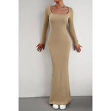 Ruched Square Neck Wrap Long Sleeve Full Dress - MVTFASHION