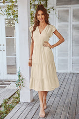 Soft Ruffled V-Neck Midi Dress - MVTFASHION