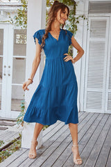 Soft Ruffled V-Neck Midi Dress - MVTFASHION