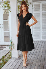 Soft Ruffled V-Neck Midi Dress - MVTFASHION