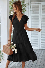 Soft Ruffled V-Neck Midi Dress - MVTFASHION