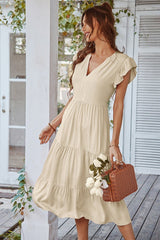 Soft Ruffled V-Neck Midi Dress - MVTFASHION