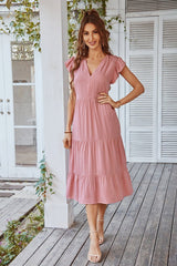 Soft Ruffled V-Neck Midi Dress - MVTFASHION