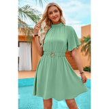 Solid Belt High Neck Belted Skater Dress - MVTFASHION.COM