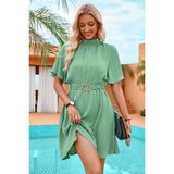 Solid Belt High Neck Belted Skater Dress - MVTFASHION.COM