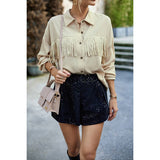 Solid Button Front Open Tassel Fit Blouse - MVTFASHION.COM