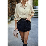 Solid Button Front Open Tassel Fit Blouse - MVTFASHION.COM