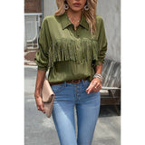 Solid Button Front Open Tassel Fit Blouse - MVTFASHION.COM