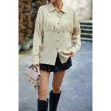 Solid Button Front Open Tassel Fit Blouse - MVTFASHION.COM