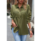 Solid Button Front Open Tassel Fit Blouse - MVTFASHION.COM