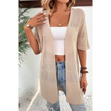 Solid Hollow Out Drop Shoulder Open Front Cardigan - MVTFASHION.COM