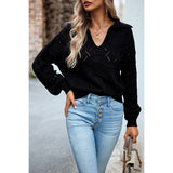 Solid Knit V Neck Hollow Out Loose Fit Sweater - MVTFASHION.COM