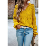 Solid Knit V Neck Hollow Out Loose Fit Sweater - MVTFASHION.COM