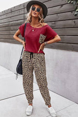 Solid Leopard Top And Pants Set - MVTFASHION