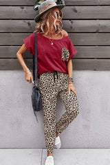 Solid Leopard Top And Pants Set - MVTFASHION