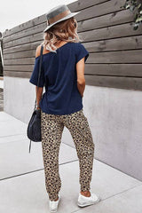 Solid Leopard Top And Pants Set - MVTFASHION
