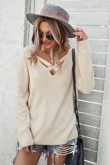 Solid Long Sleeve Cross Sweater - MVTFASHION