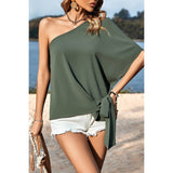 Solid One Shoulder Knot Loose Fit Wide Sleeve Top - MVTFASHION.COM