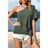 Solid One Shoulder Knot Loose Fit Wide Sleeve Top - MVTFASHION.COM