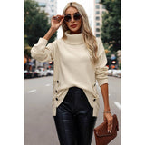 Solid Roll Neck Knit Button Loose Sweater - MVTFASHION.COM