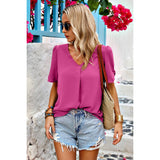 Solid V Neck Chiffon Basic Loose Fit Blouse - MVTFASHION.COM