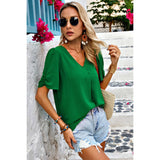 Solid V Neck Chiffon Basic Loose Fit Blouse - MVTFASHION.COM