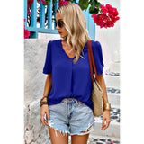 Solid V Neck Chiffon Basic Loose Fit Blouse - MVTFASHION.COM