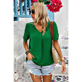 Solid V Neck Chiffon Basic Loose Fit Blouse - MVTFASHION.COM