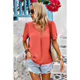 Solid V Neck Chiffon Basic Loose Fit Blouse - MVTFASHION.COM