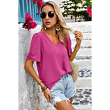 Solid V Neck Chiffon Basic Loose Fit Blouse - MVTFASHION.COM