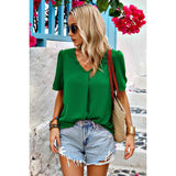 Solid V Neck Chiffon Basic Loose Fit Blouse - MVTFASHION.COM