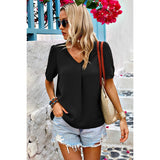 Solid V Neck Chiffon Basic Loose Fit Blouse - MVTFASHION.COM