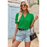 Solid V Neck Loose Fit Short Sleeves Blouse - MVTFASHION.COM