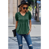 Solid V Neck Ruched Puff Sleeve Fit Strip Top - MVTFASHION