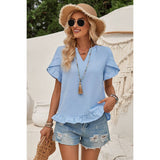 Solid V Neck Ruffle Hem Loose Fit Blouse - MVTFASHION.COM