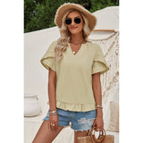 Solid V Neck Ruffle Hem Loose Fit Blouse - MVTFASHION.COM