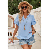 Solid V Neck Ruffle Hem Loose Fit Blouse - MVTFASHION.COM