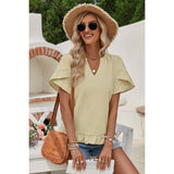 Solid V Neck Ruffle Hem Loose Fit Blouse - MVTFASHION.COM