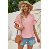 Solid V Neck Ruffle Hem Loose Fit Blouse - MVTFASHION.COM