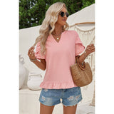 Solid V Neck Ruffle Hem Loose Fit Blouse - MVTFASHION.COM