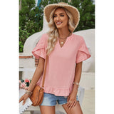 Solid V Neck Ruffle Hem Loose Fit Blouse - MVTFASHION.COM