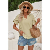 Solid V Neck Ruffle Hem Loose Fit Blouse - MVTFASHION.COM