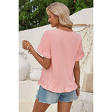 Solid V Neck Ruffle Hem Loose Fit Blouse - MVTFASHION.COM