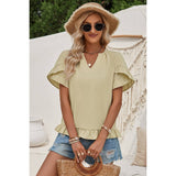 Solid V Neck Ruffle Hem Loose Fit Blouse - MVTFASHION.COM