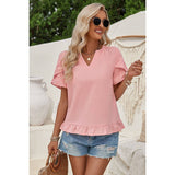 Solid V Neck Ruffle Hem Loose Fit Blouse - MVTFASHION.COM