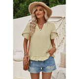 Solid V Neck Ruffle Hem Loose Fit Blouse - MVTFASHION.COM