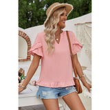 Solid V Neck Ruffle Hem Loose Fit Blouse - MVTFASHION.COM