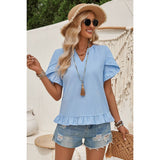 Solid V Neck Ruffle Hem Loose Fit Blouse - MVTFASHION.COM