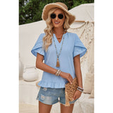 Solid V Neck Ruffle Hem Loose Fit Blouse - MVTFASHION.COM