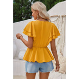 Solid V Neck Ruffle Trim Peplum Tee - MVTFASHION.COM